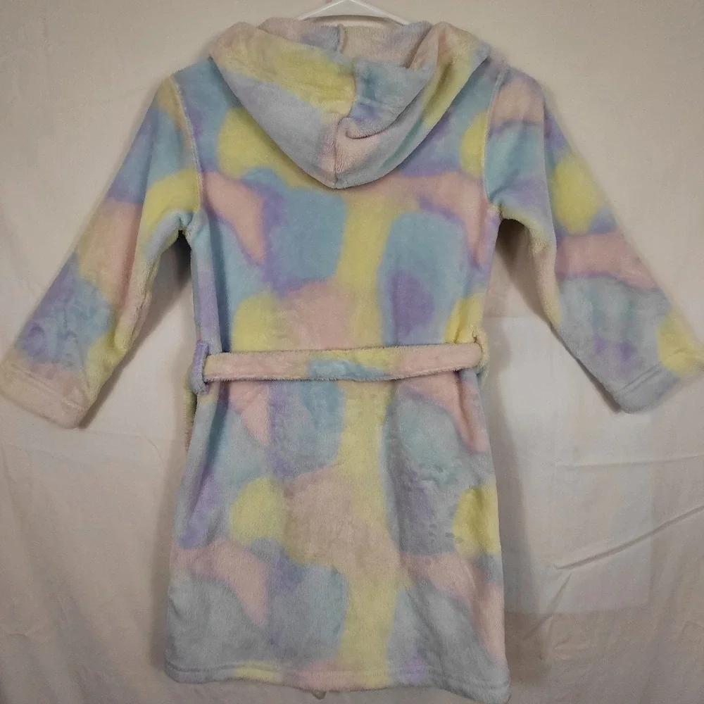 Lands' End Kids Fleece Hooded‎ Size 6/ XS Bathrobe Tie Waist Soft Fuzzy Robe